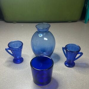 Cobalt blue miniature Glass Vase, Cup Set, and candle holder.
